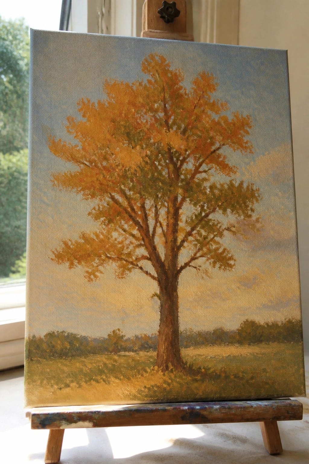 Oil painting of a tall autumn tree with orange leaves on a wooden easel