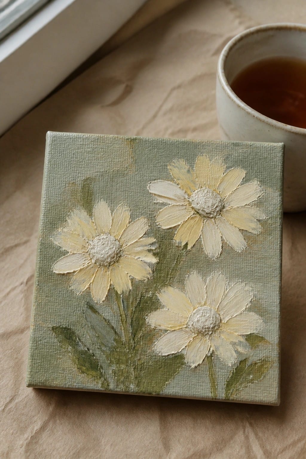 Textured square canvas with three white daisies on sage green background beside tea cup