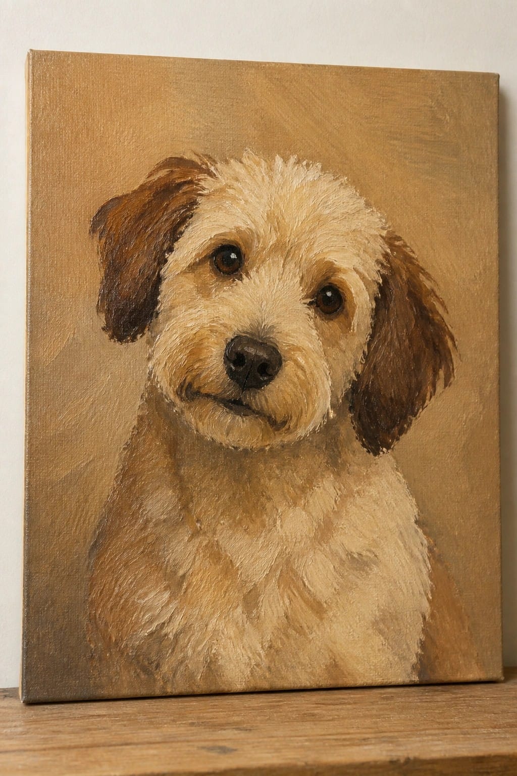 Oil painting of a fluffy white and brown dog with dark eyes on canvas