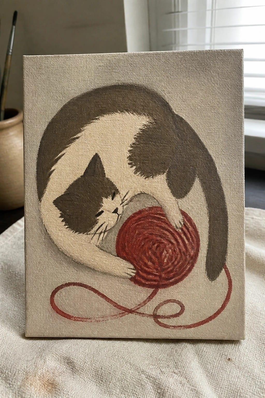 Curled brown-and-white cat pawing at a red ball of yarn on canvas