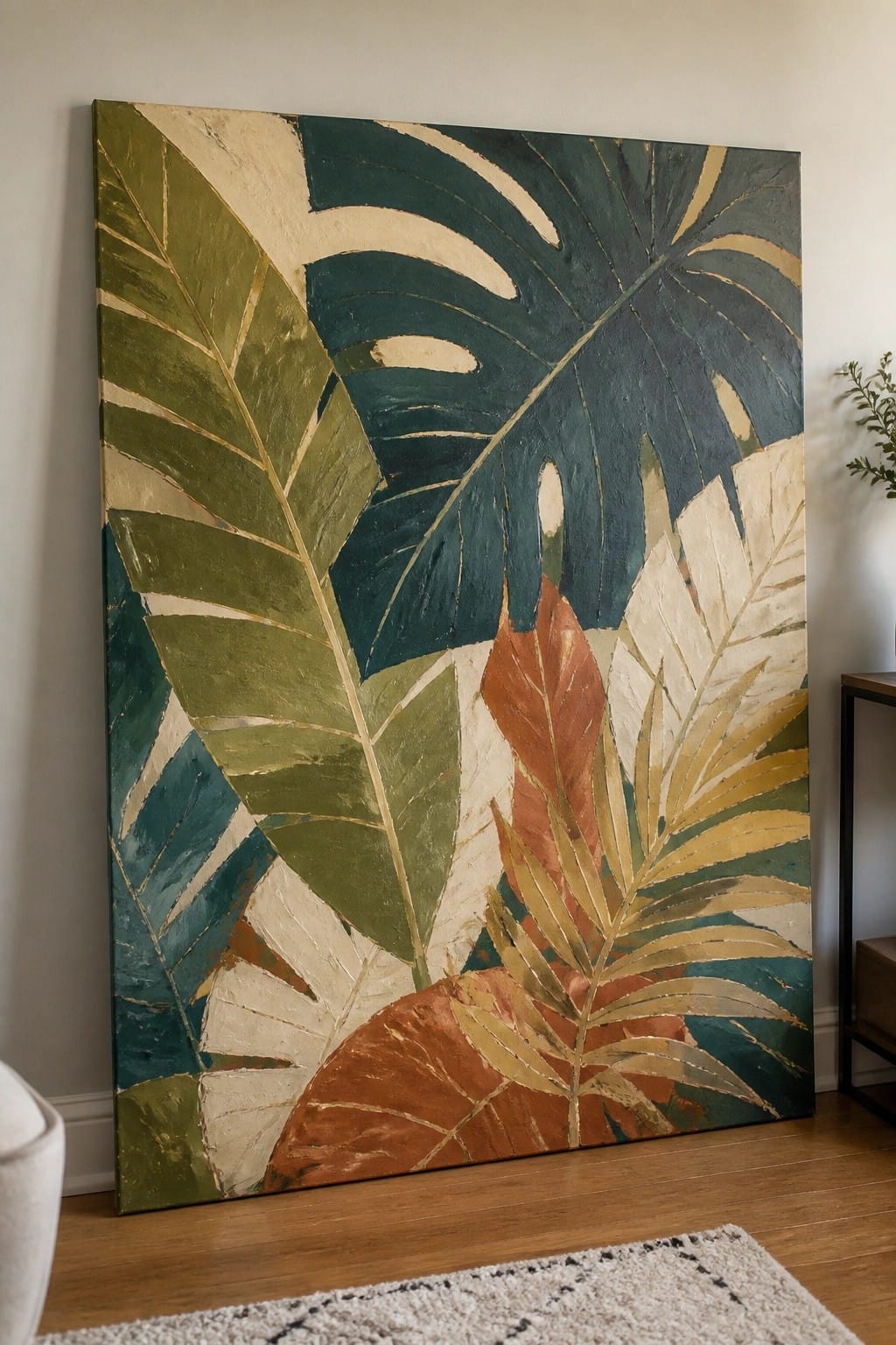 Abstract painting of tropical leaves in green, teal, rust, and gold tones