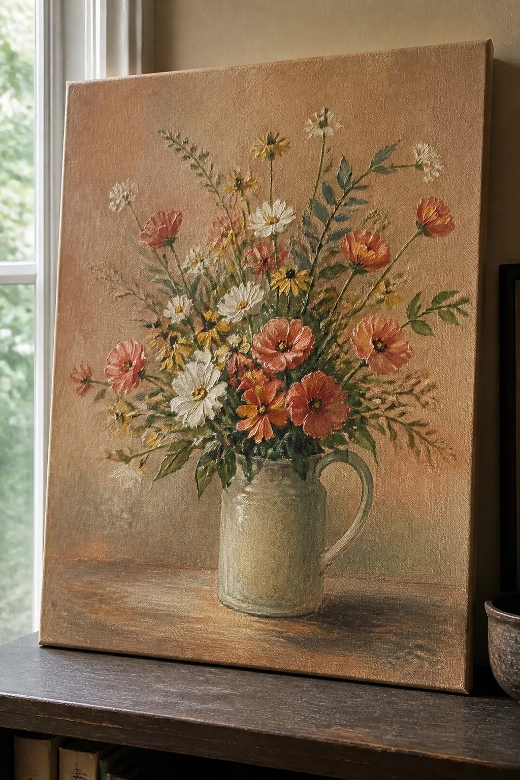 Colorful wildflower bouquet in light green pitcher on wooden surface.