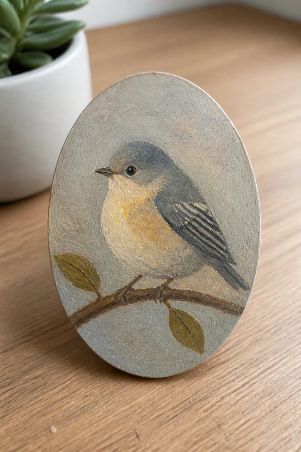 Oval painting of a blue-gray bird with yellow chest on a leafy branch