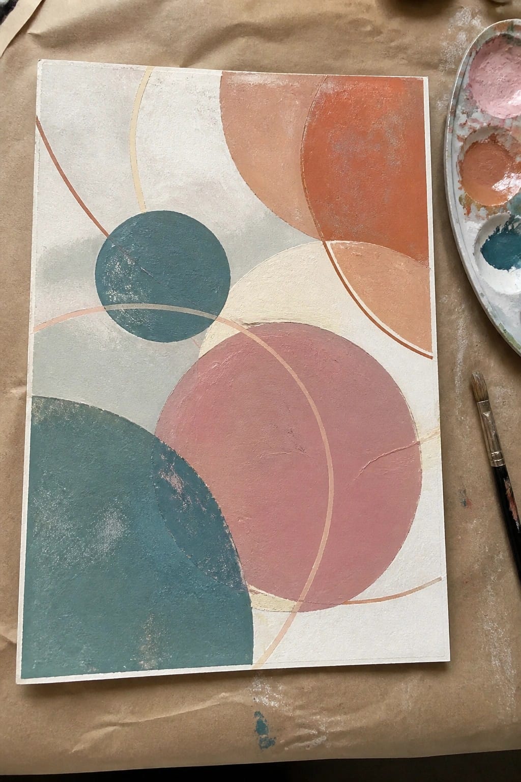 Abstract painting with overlapping teal, pink, and orange circles beside palette and brush.