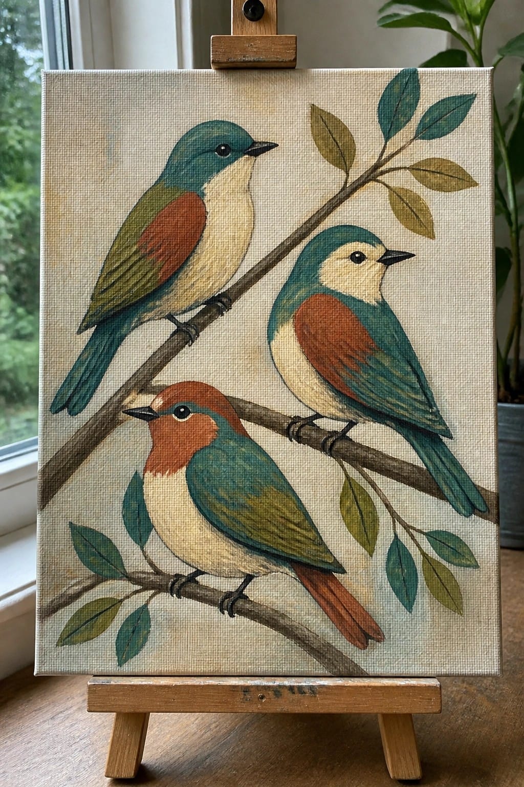 Three colorful birds on branches with leaves, painted on canvas atop wooden easel