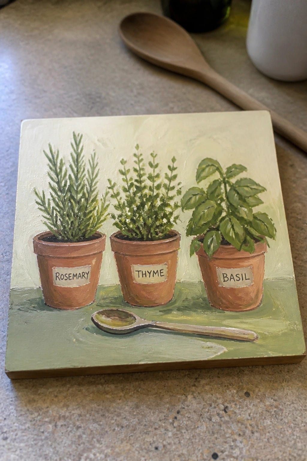 Still life painting of labeled rosemary, thyme, and basil in terracotta pots with spoon