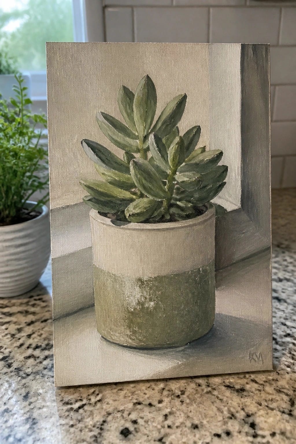 Realistic painting of green succulent plant in two-toned ceramic pot on countertop