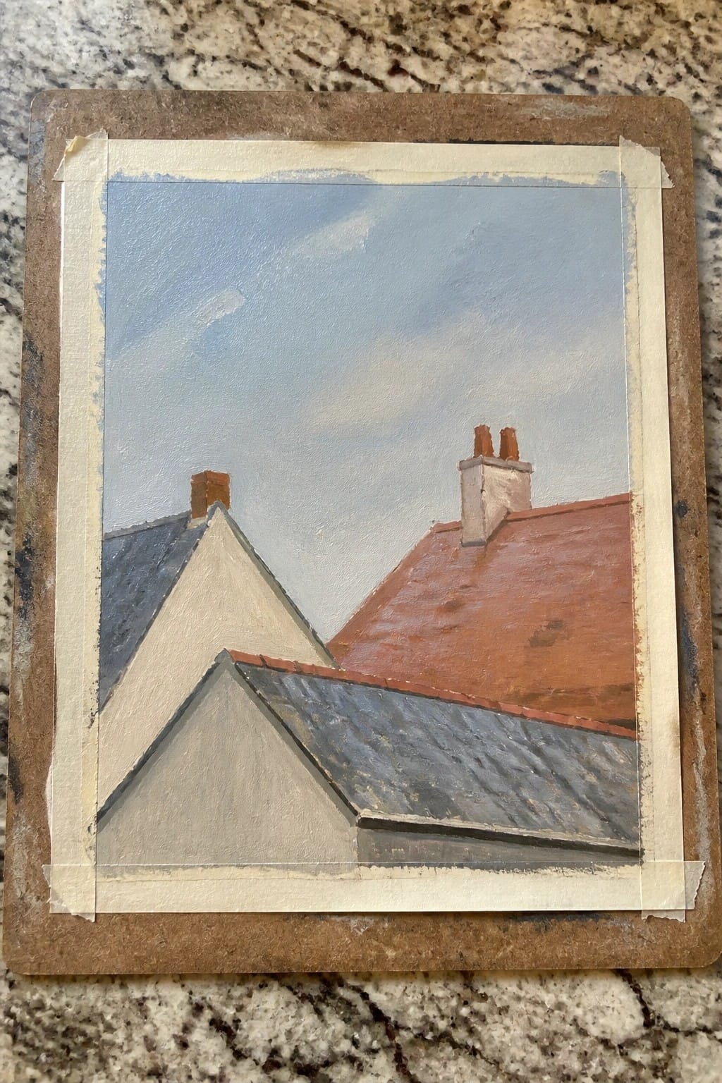 Painting of rooftops with red and gray tiles, white walls, and chimneys under blue sky.