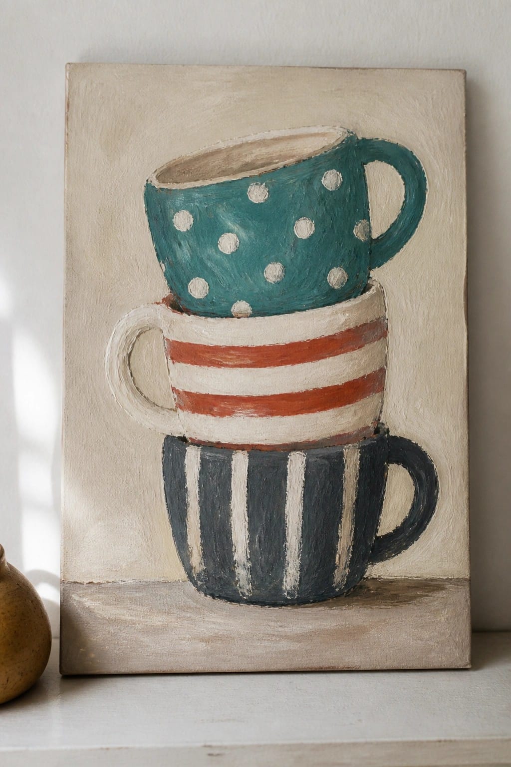 Still life painting of three stacked mugs in teal polka dots and stripes