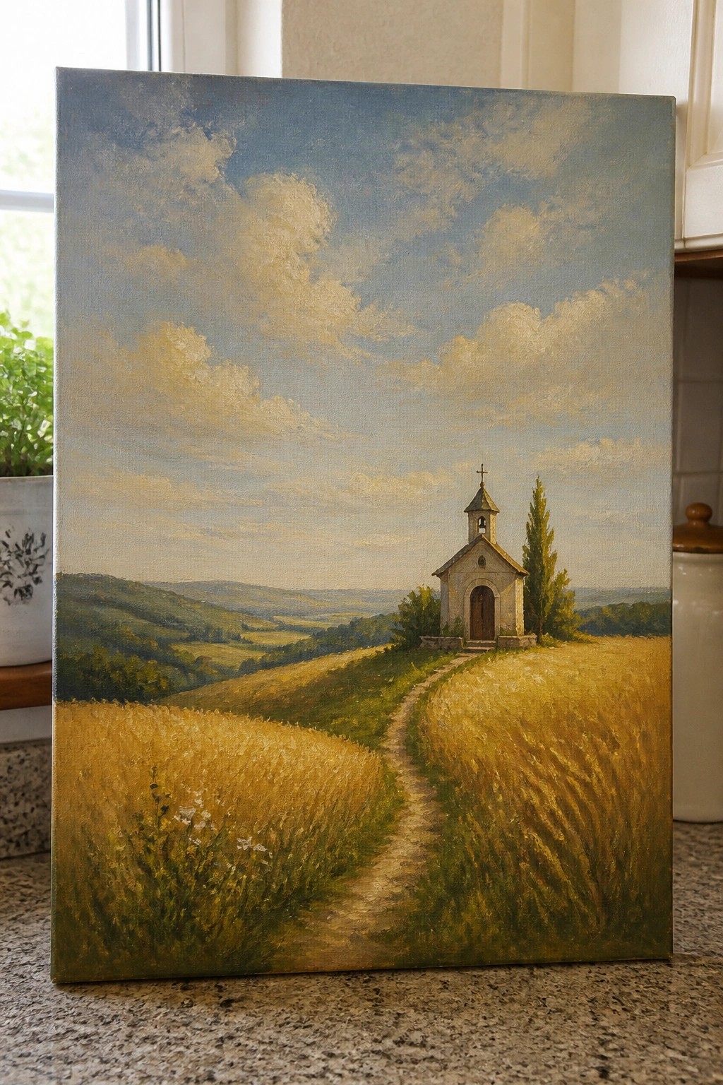 Oil painting of chapel on hill with path through golden fields under cloudy blue sky.