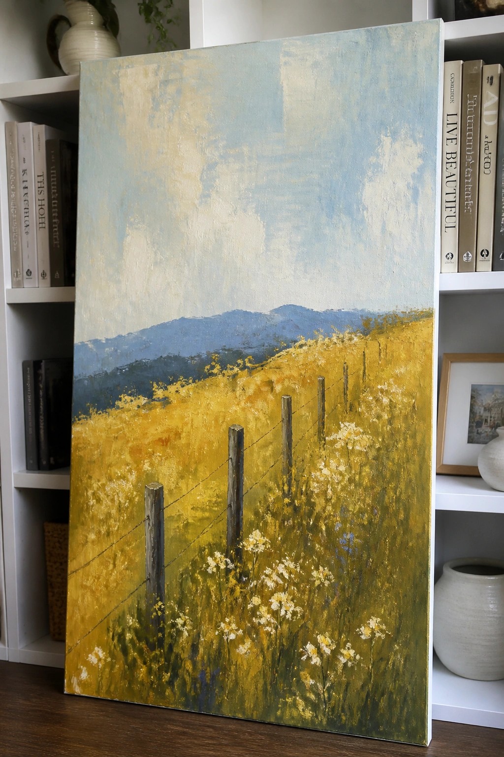 Textured landscape painting of golden wildflower meadow with fence posts against bookshelves