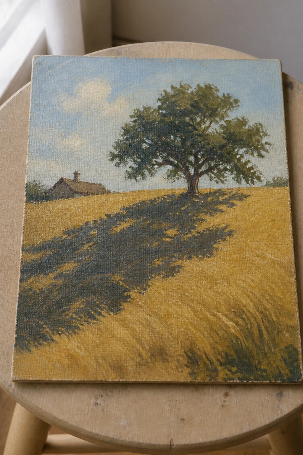 Painting of large tree casting shadows over golden field on wooden stool