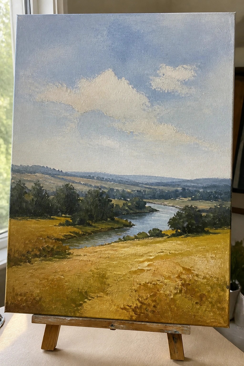 Oil painting on easel of winding river through golden fields, green hills, and blue sky
