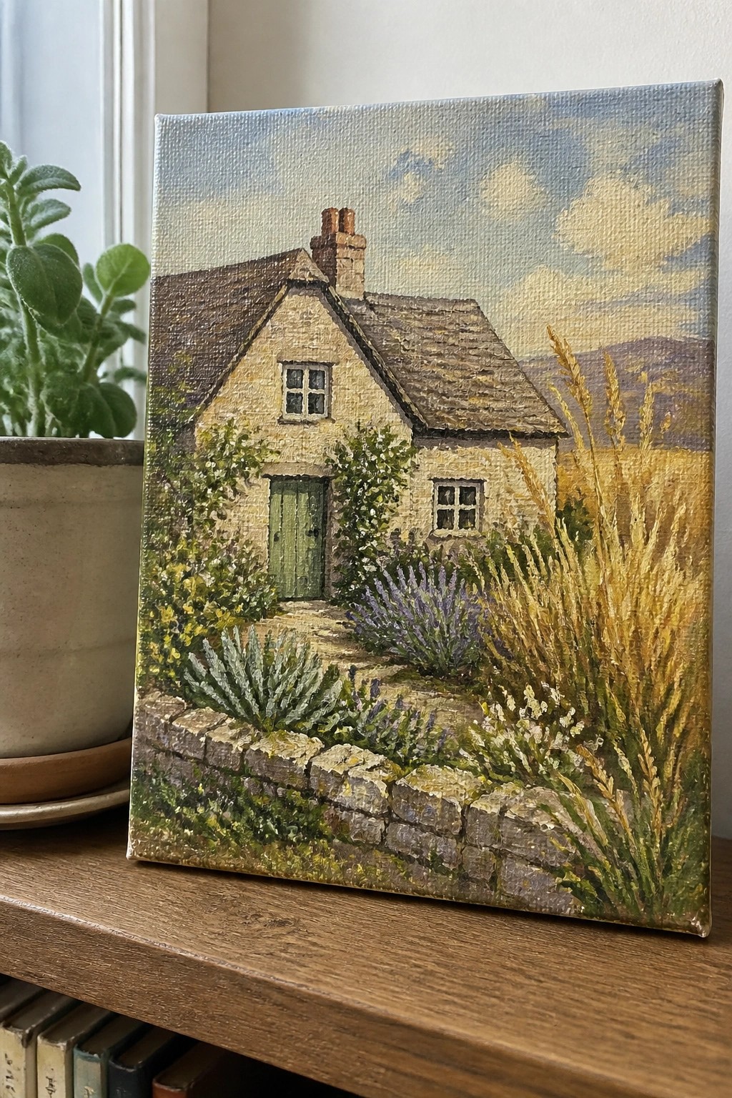 Oil painting of stone cottage with green door, garden flowers, stone wall and wheat field.