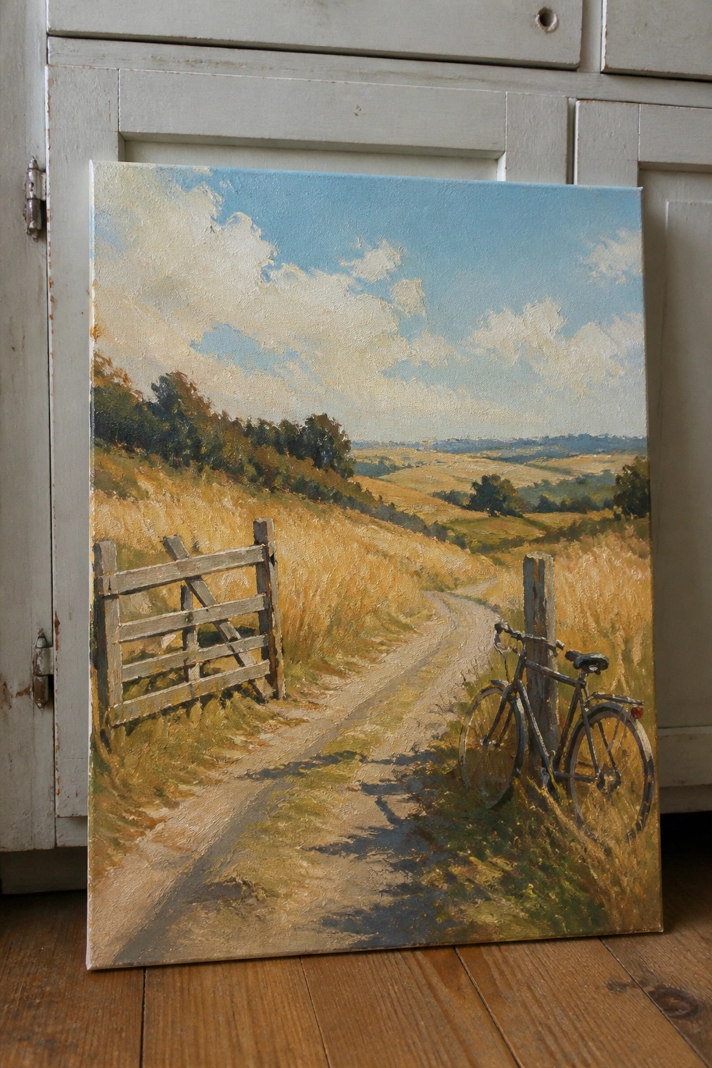 Oil painting of bicycle parked by gate along winding dirt path in golden fields.