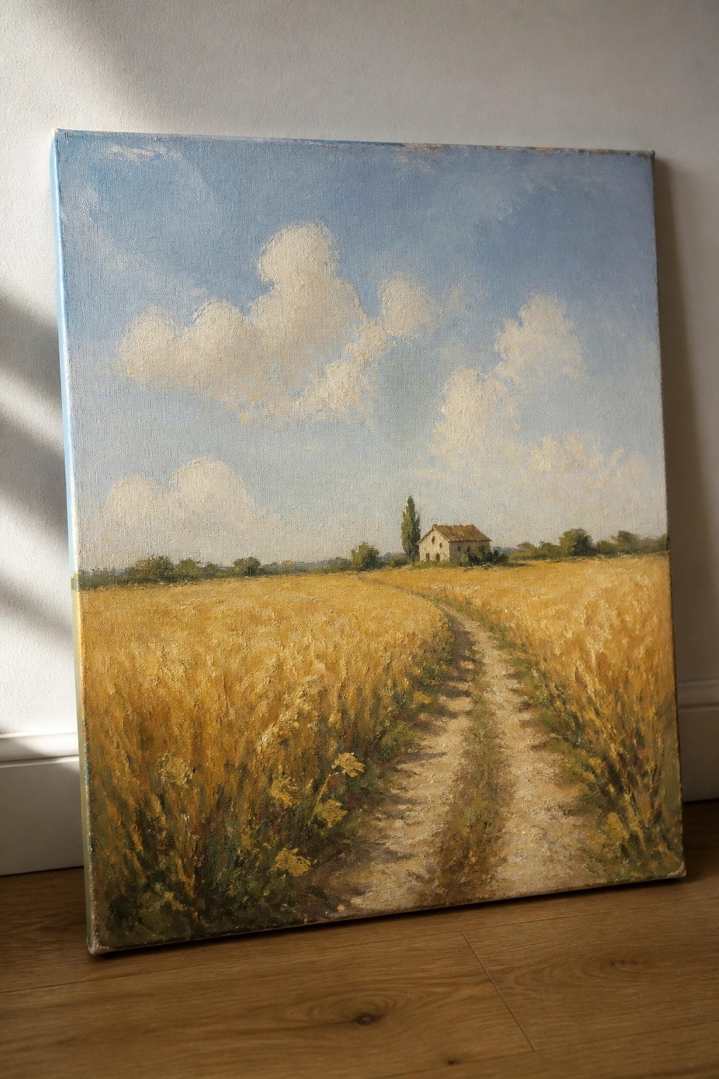 Oil painting of dirt path winding through golden wheat field to distant house under blue sky.