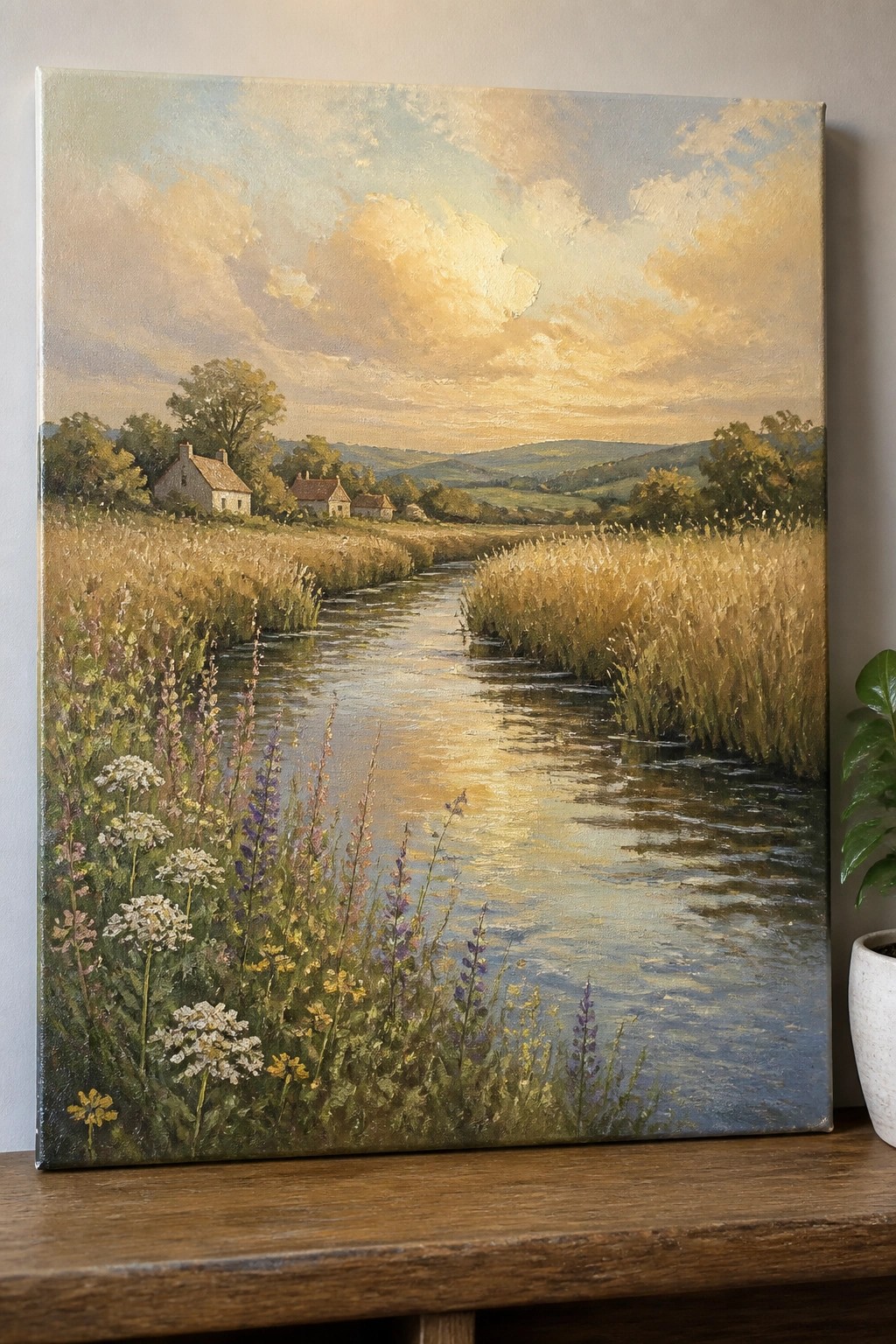 An oil painting of a winding blue stream flowing through golden grassy fields with wildflowers in the foreground, small cottages on the left bank, and rolling hills under a golden sky.