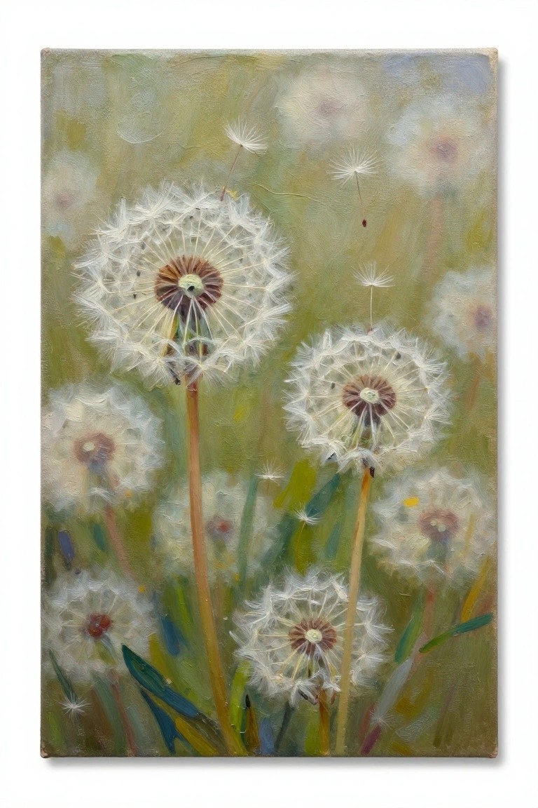 Impressionistic painting of white dandelion seed heads in a soft green meadow