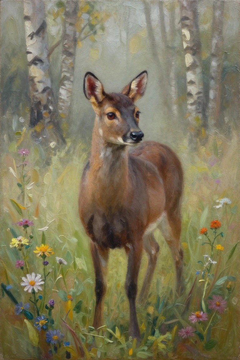 Young deer stands amid colorful wildflowers in a misty birch forest painting
