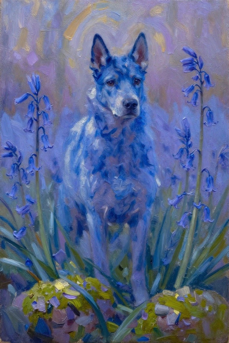 Blue dog amid tall bluebells in purple impressionistic oil painting style