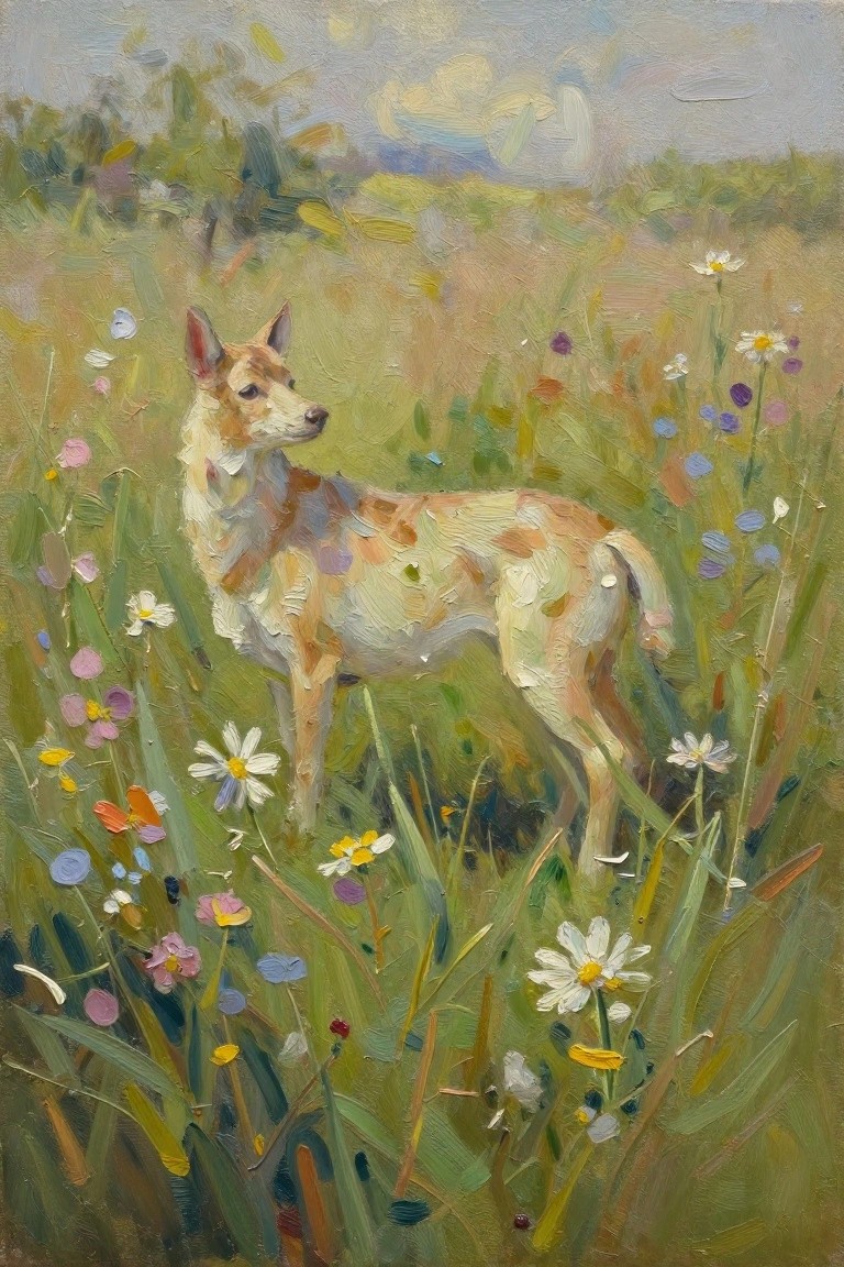 Painting of brown-and-white dog standing amid colorful wildflowers in grassy meadow