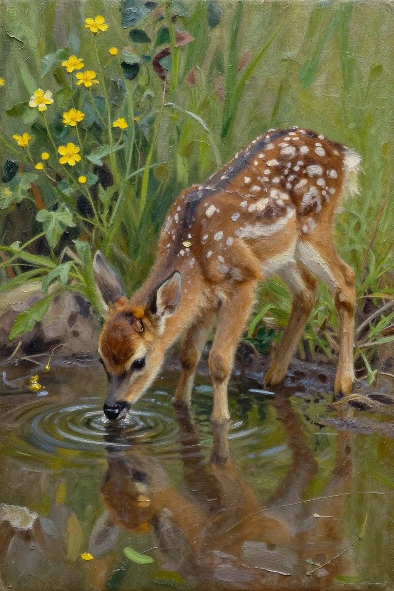 Spotted fawn drinks from pond creating ripples, reflection amid yellow flowers in painting