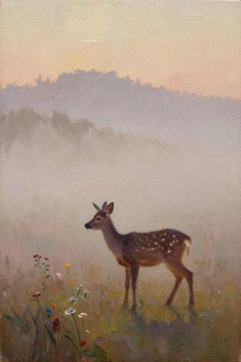 Spotted fawn stands in misty meadow beside colorful wildflowers at dawn