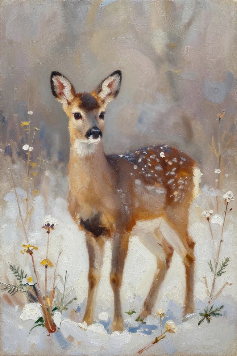 Spotted fawn standing in snow amid wildflowers, soft impressionistic brushstrokes.