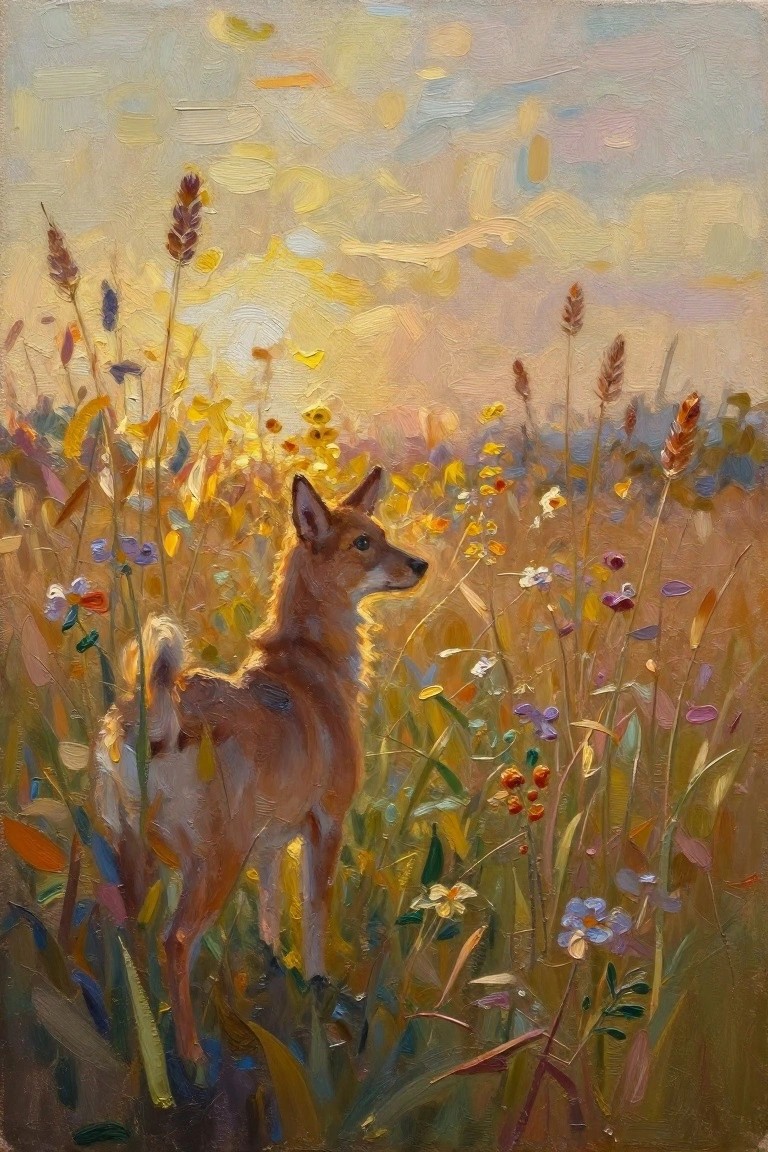 A young deer stands in tall grass and colorful wildflowers under warm sunlight in an oil painting.