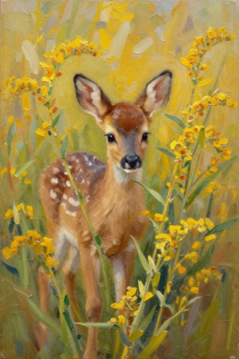 Spotted fawn amid yellow wildflowers in a golden meadow, impressionistic oil painting.