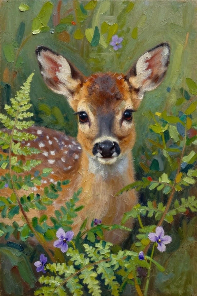 Spotted fawn amid lush green ferns and purple wildflowers in oil painting style