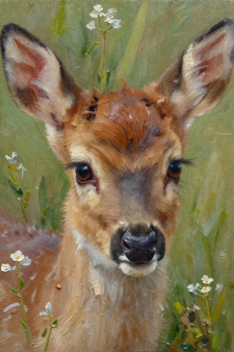 Oil painting close-up of fawn face with large ears amid green grass and flowers
