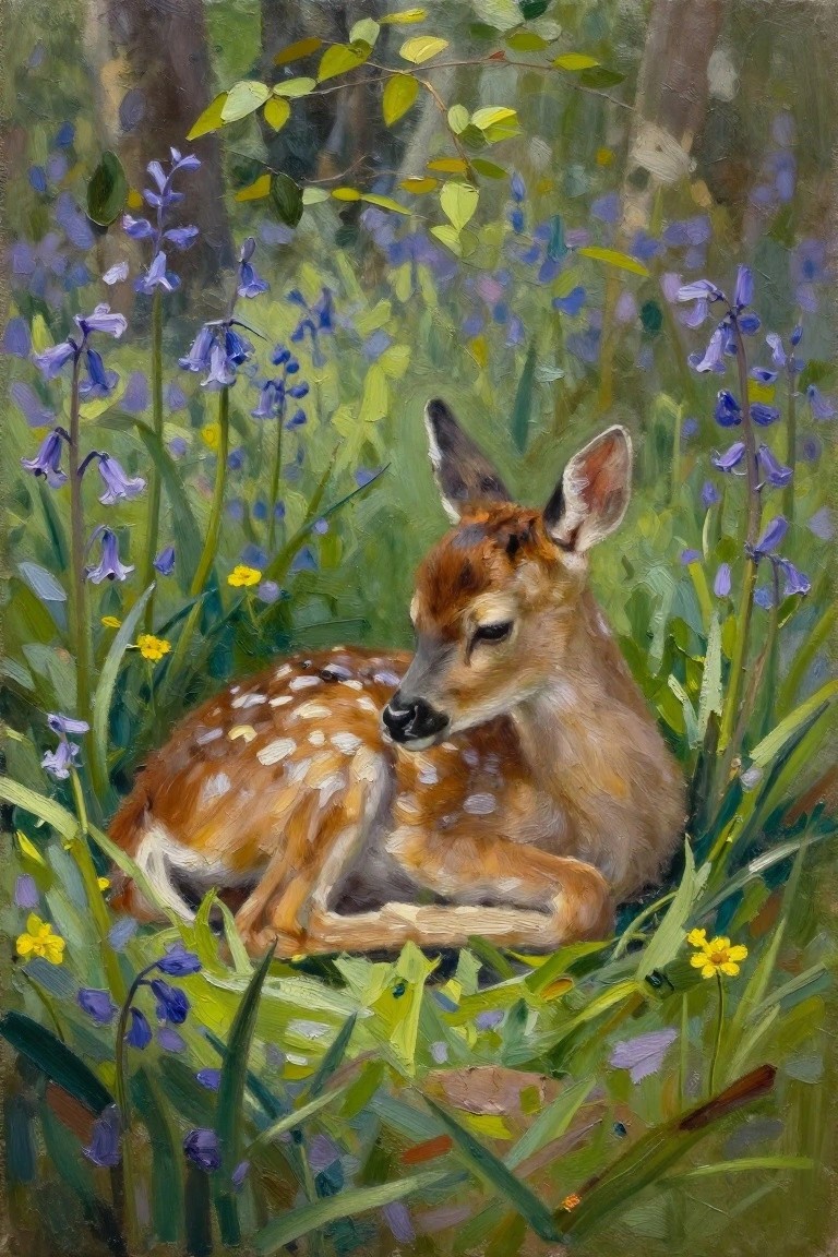 An oil painting of a spotted fawn resting among blue wildflowers and green grass in a forest setting.