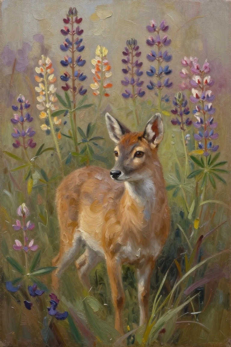 An oil painting of a young deer standing in a field of tall colorful lupines.