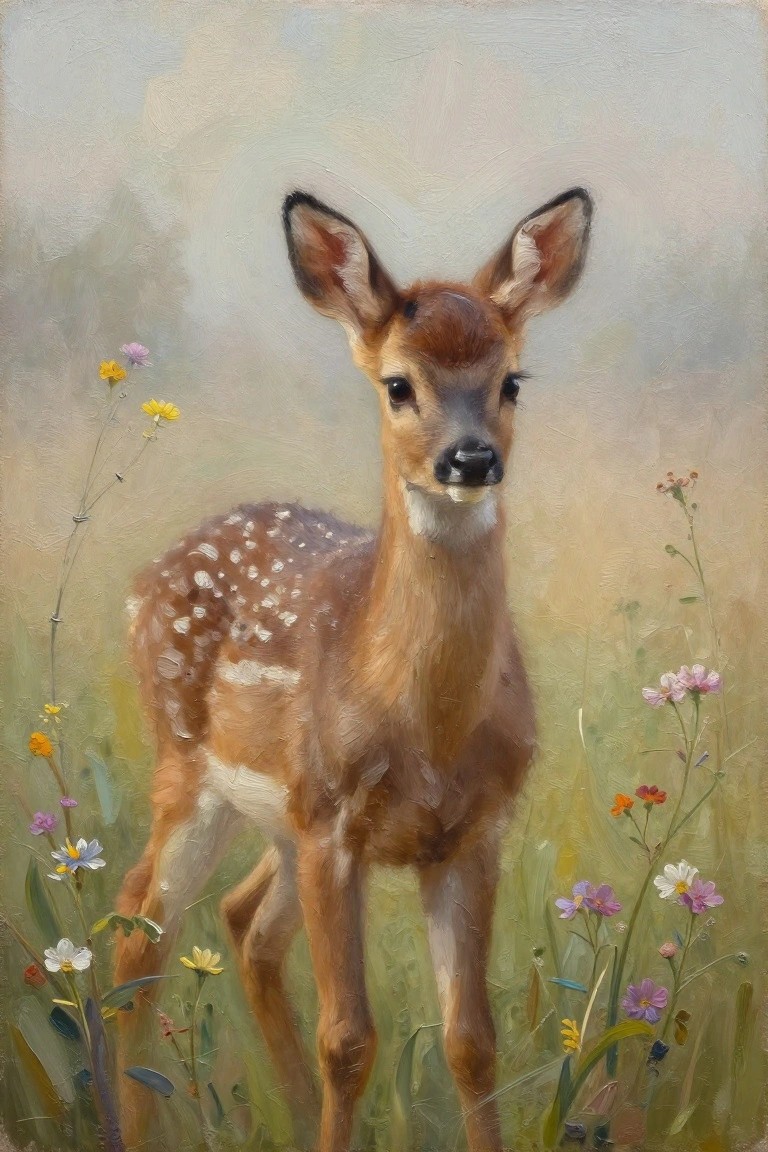 Spotted fawn stands alert amid colorful wildflowers in a misty meadow.