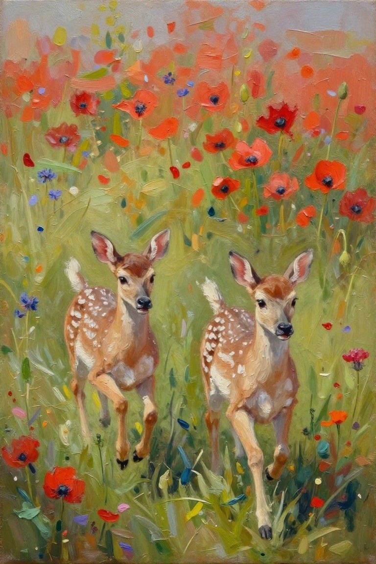 Two spotted fawns bounding through a vibrant field of red poppies in oil painting.