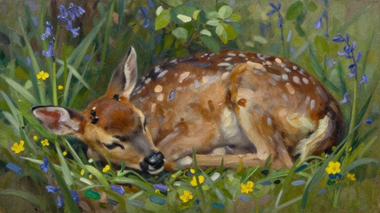 An oil painting of a spotted fawn resting among blue wildflowers and green grass in a forest setting.