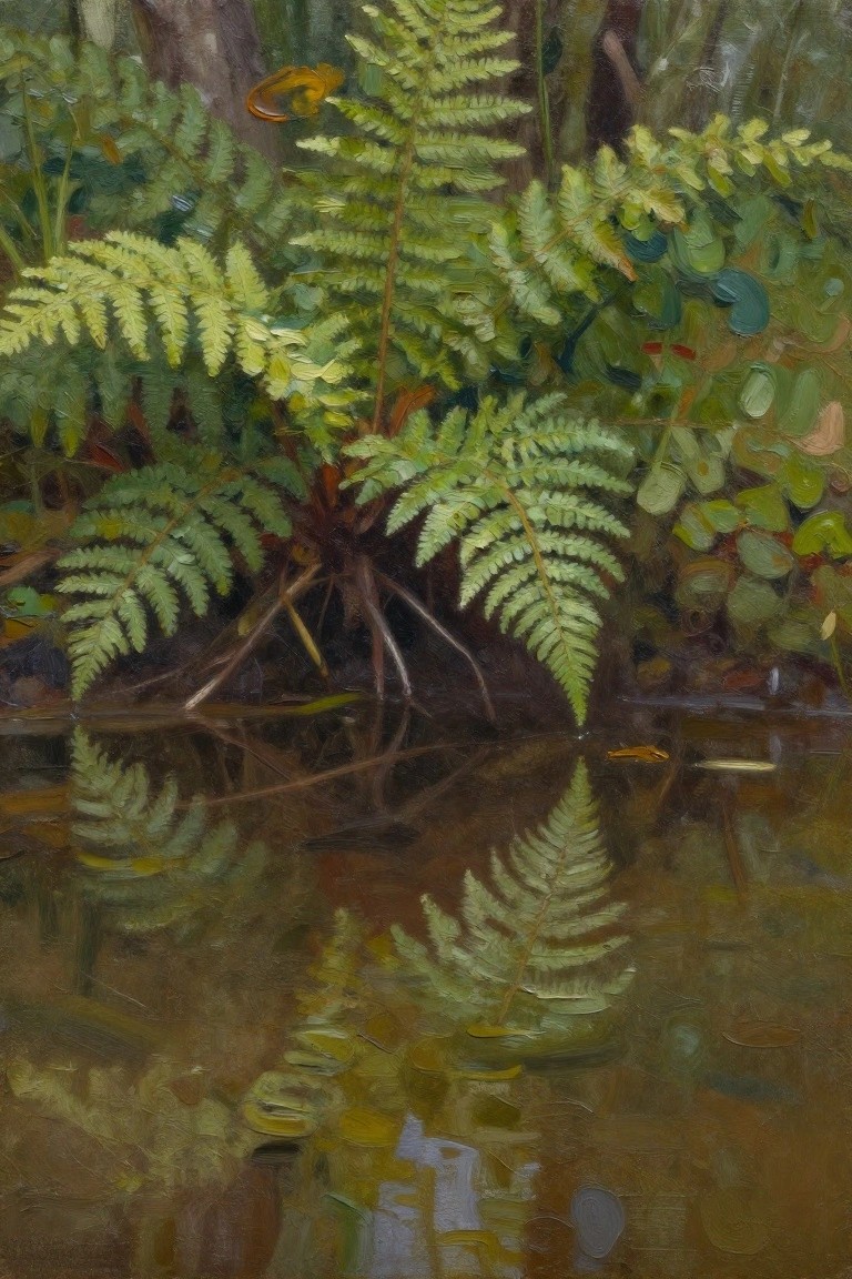 Lush green ferns with reflections in murky water, detailed oil painting of forest plants.