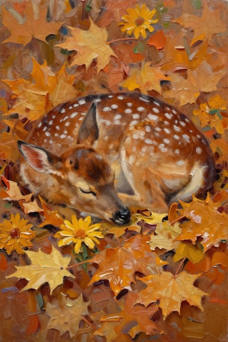 Sleeping spotted fawn curled amid vibrant autumn leaves and yellow flowers, oil painting.