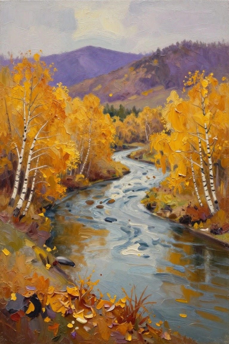 Impressionistic oil painting of winding river amid golden autumn birches and purple mountains