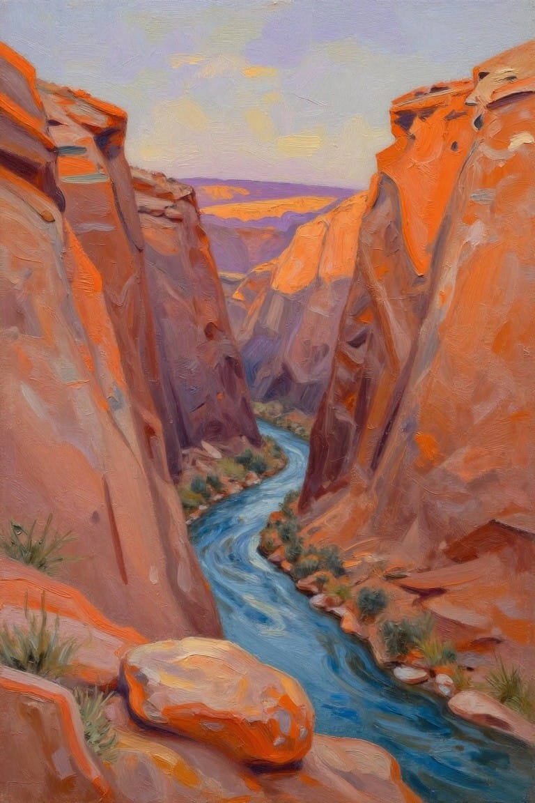 Vibrant oil painting of winding blue river between towering orange-red canyon cliffs