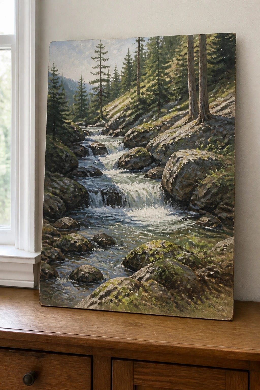 Realistic oil painting of a rocky forest stream cascading through tall pines.