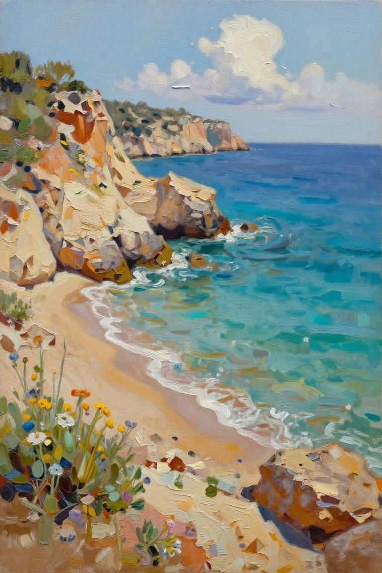 A realistic oil painting of rocky cliffs along a sandy beach with wildflowers, turquoise waves, and a blue sky with clouds.