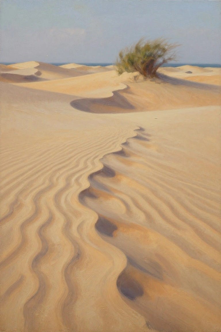 Undulating sand dunes with rippled patterns, a windswept shrub, and distant ocean.