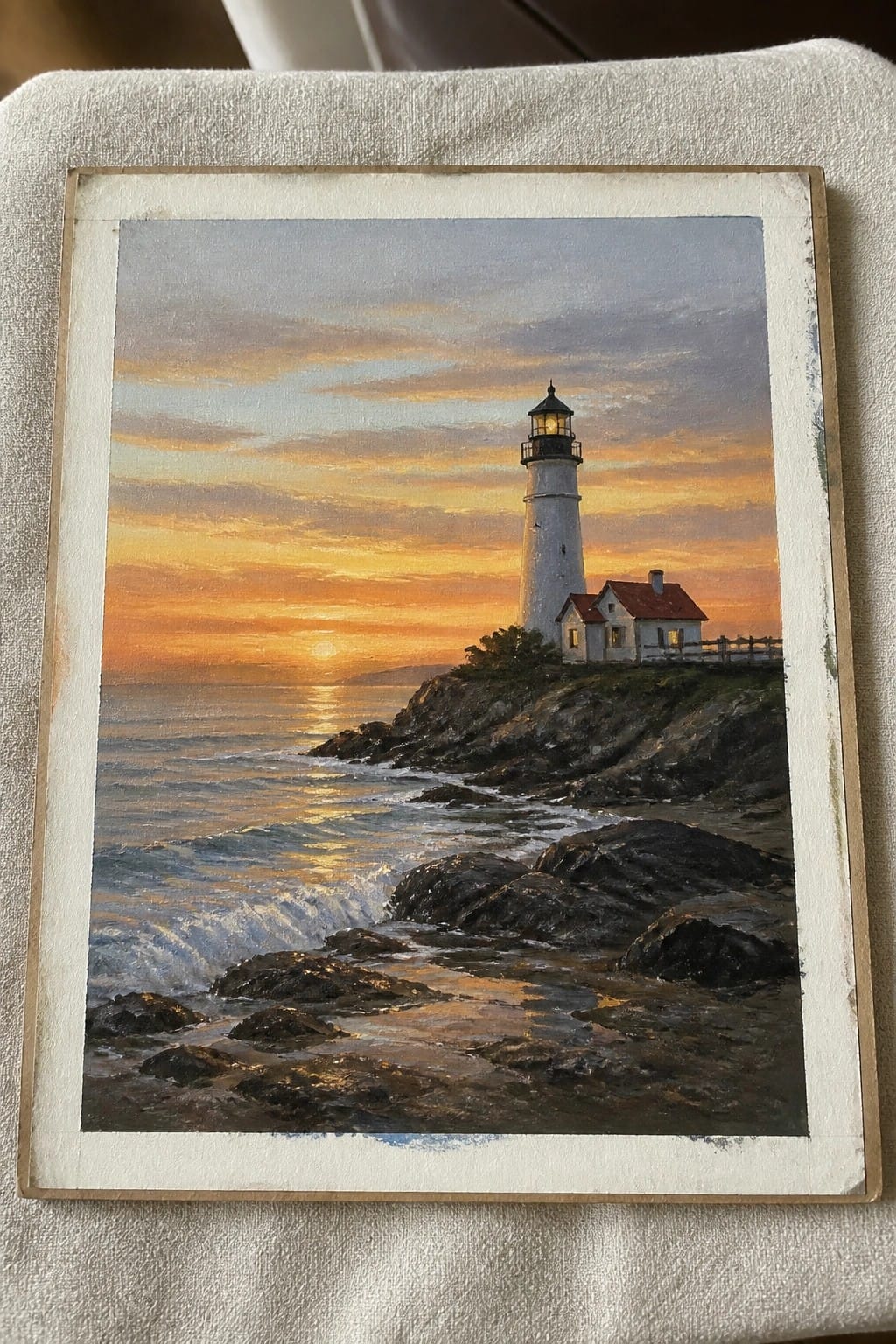 Realistic painting of white lighthouse and cottage on rocky cliffs at ocean sunset.