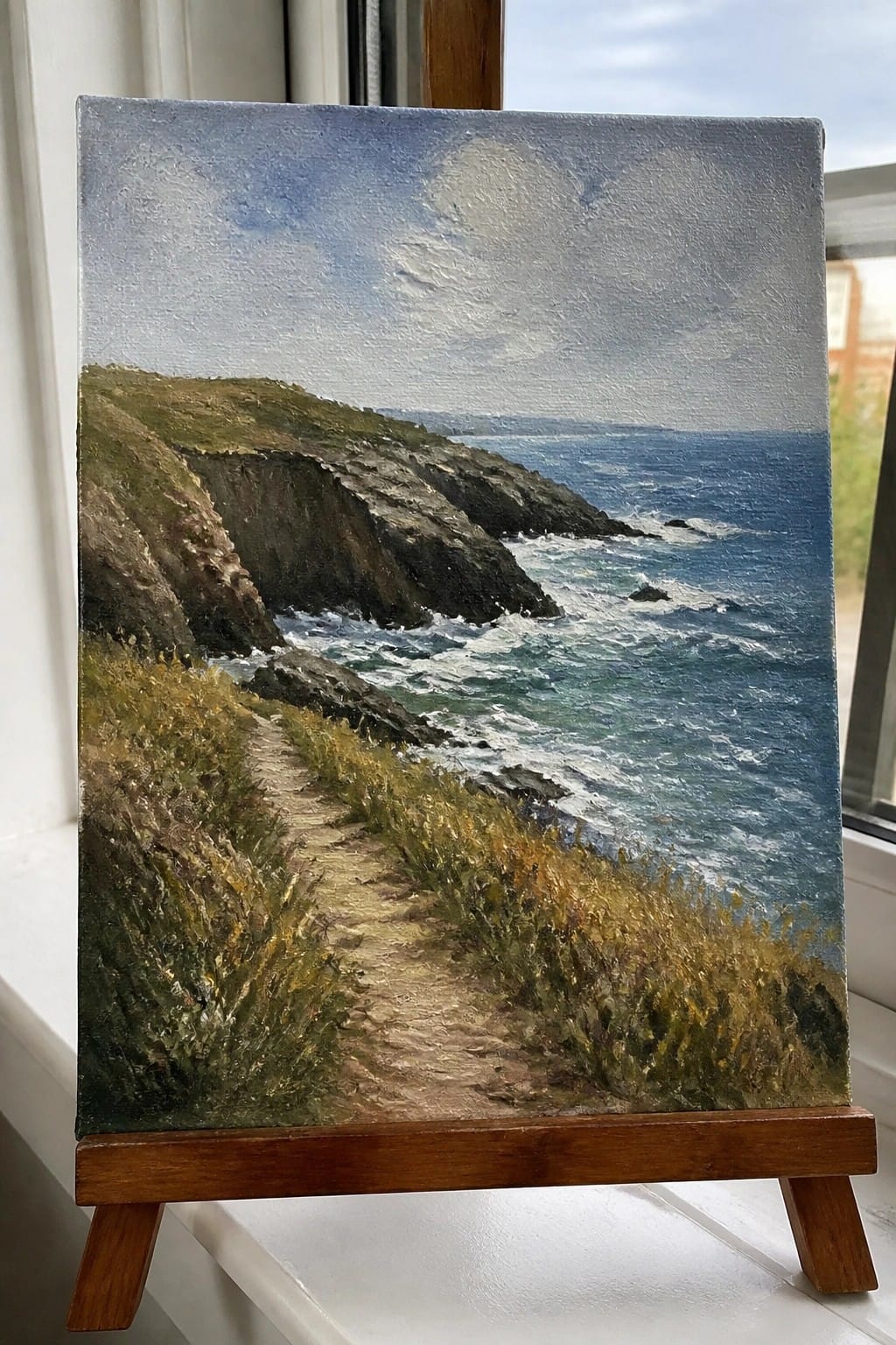 Oil painting on wooden easel shows grassy cliff path above blue ocean waves under cloudy sky.