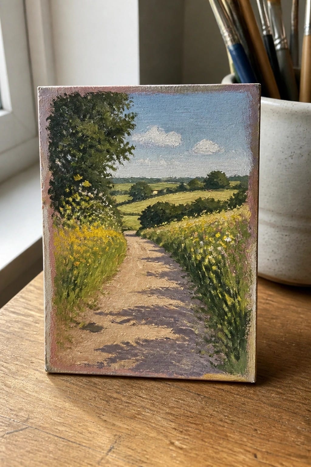 Miniature landscape painting of flower-lined dirt path under blue sky on wooden table