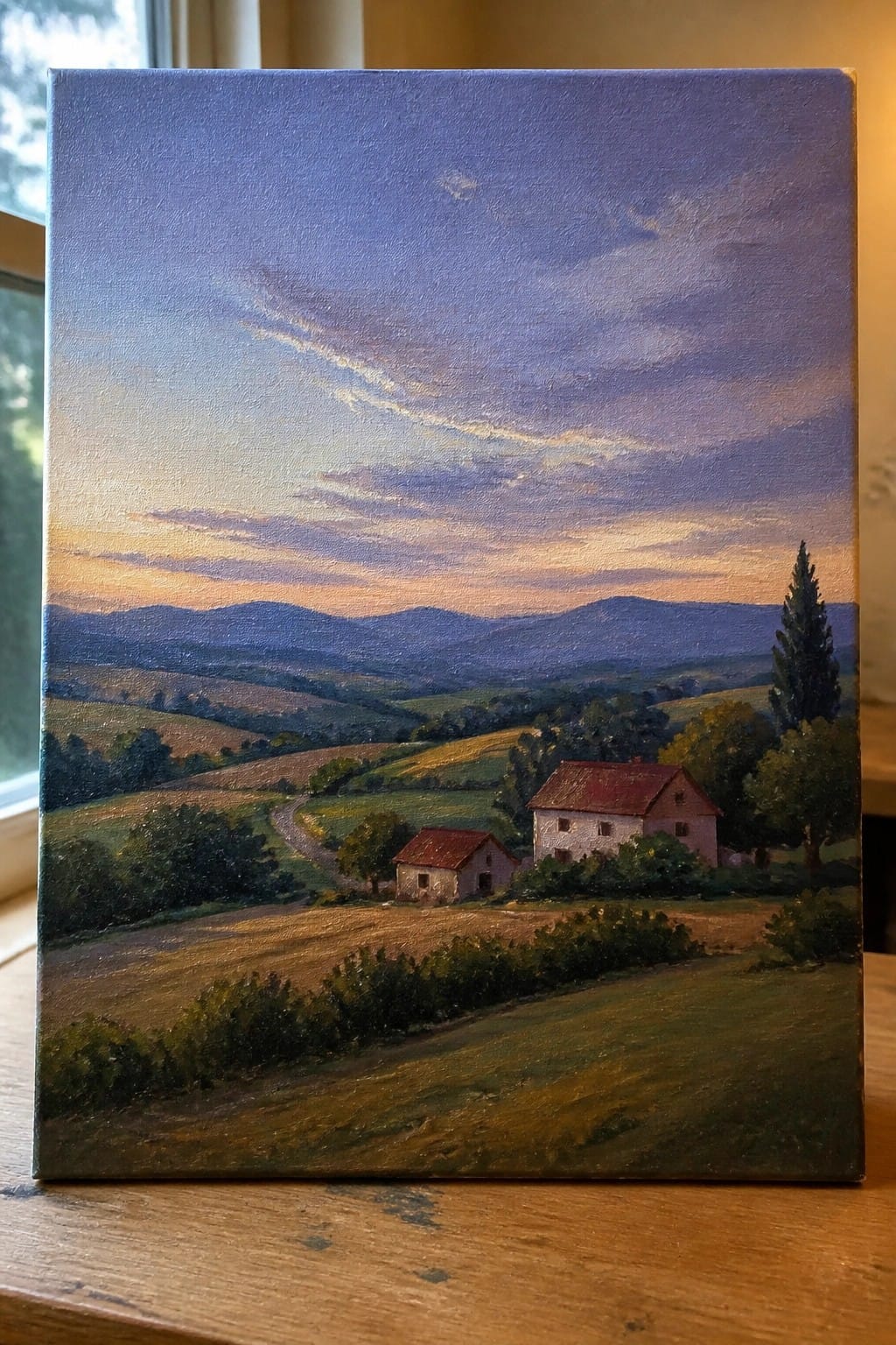 Landscape painting of sunset over hills with red-roofed farmhouse and winding road