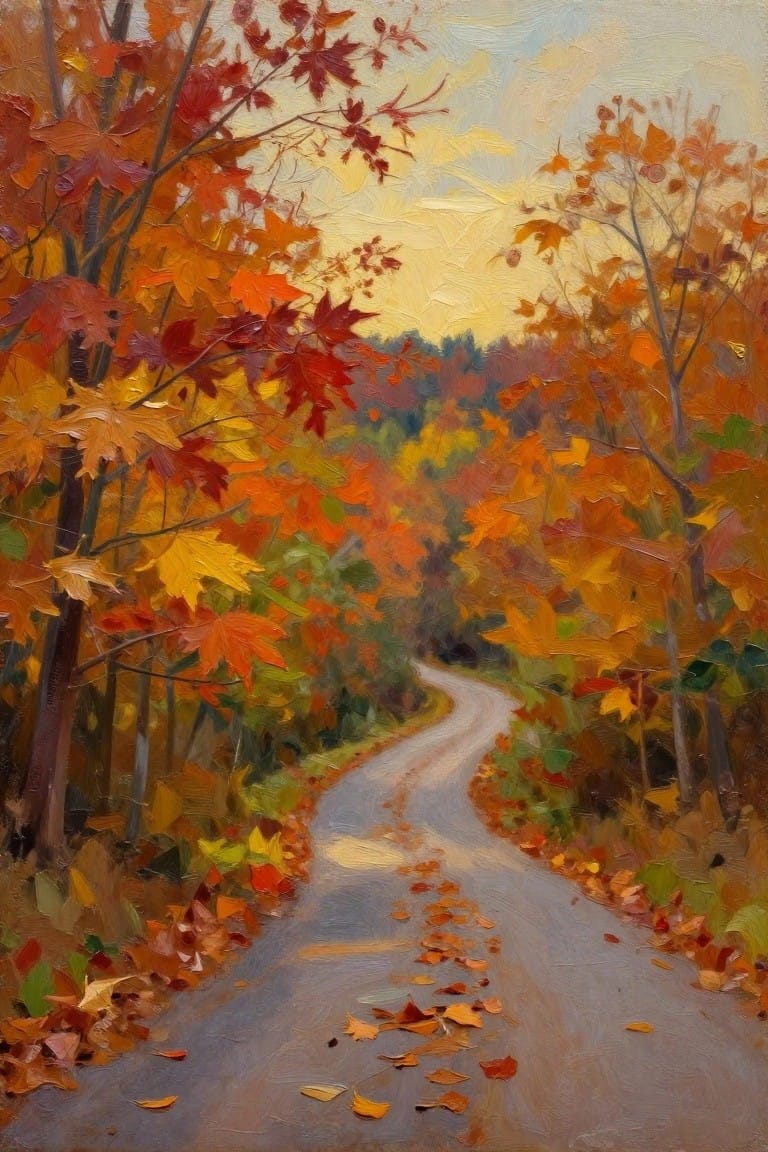 Curving leaf-strewn road through autumn forest with vibrant red and orange foliage, oil painting.
