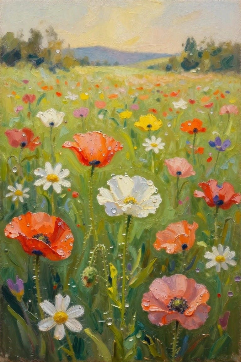 Dewy red poppies and daisies blooming in a lush green meadow painting